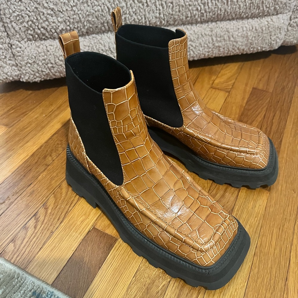 Intentionally Blank cognac leather croc bootie